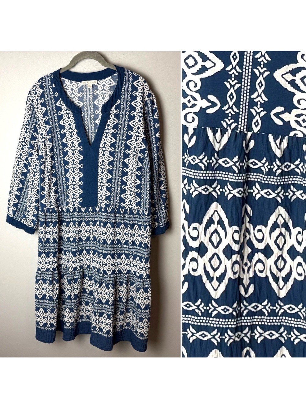 Fig & Flower Dress Size XL Blue Ivory 3/4 Sleeves Ikat Inspired V-Neck Boho
